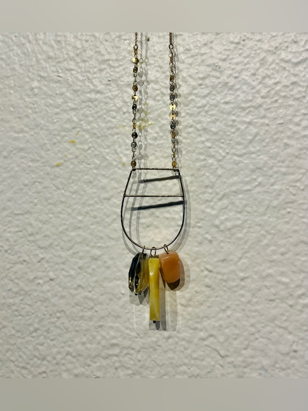 Long Gold Tone Clear, Yellow and Orange Pendant Necklace